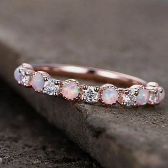 18k Rose Gold Fire Opal Diamond Eternity Ring - Picture 2 of 5